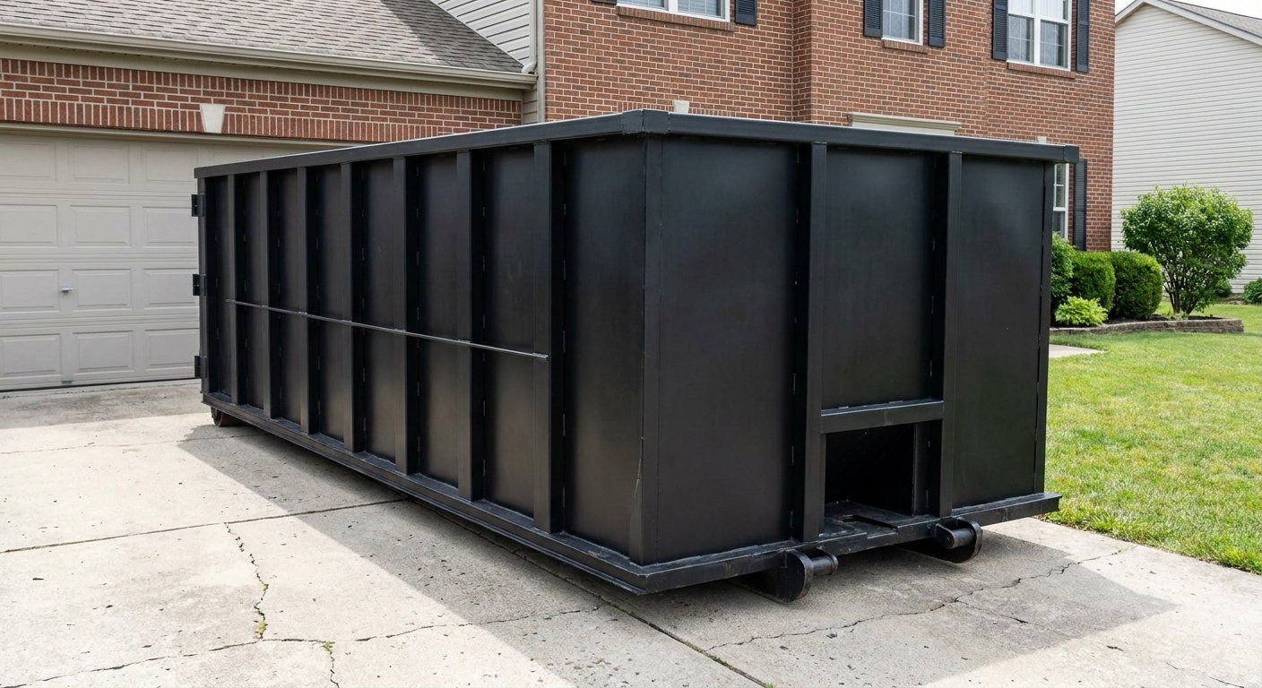 Matte-black 20-yard roll-off container on a New Haven residential concrete driveway with reinforced ribbed steel sidewalls and a hinged rear walk-in door, clean bright daylight.