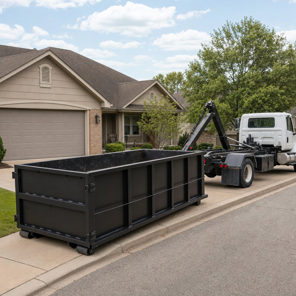 Wide documentary shot of a matte-black roll-off dumpster on a New Haven residential driveway in the foreground and a contractor jobsite container in the soft-focus background, bright daylight, calm and orderly composition.